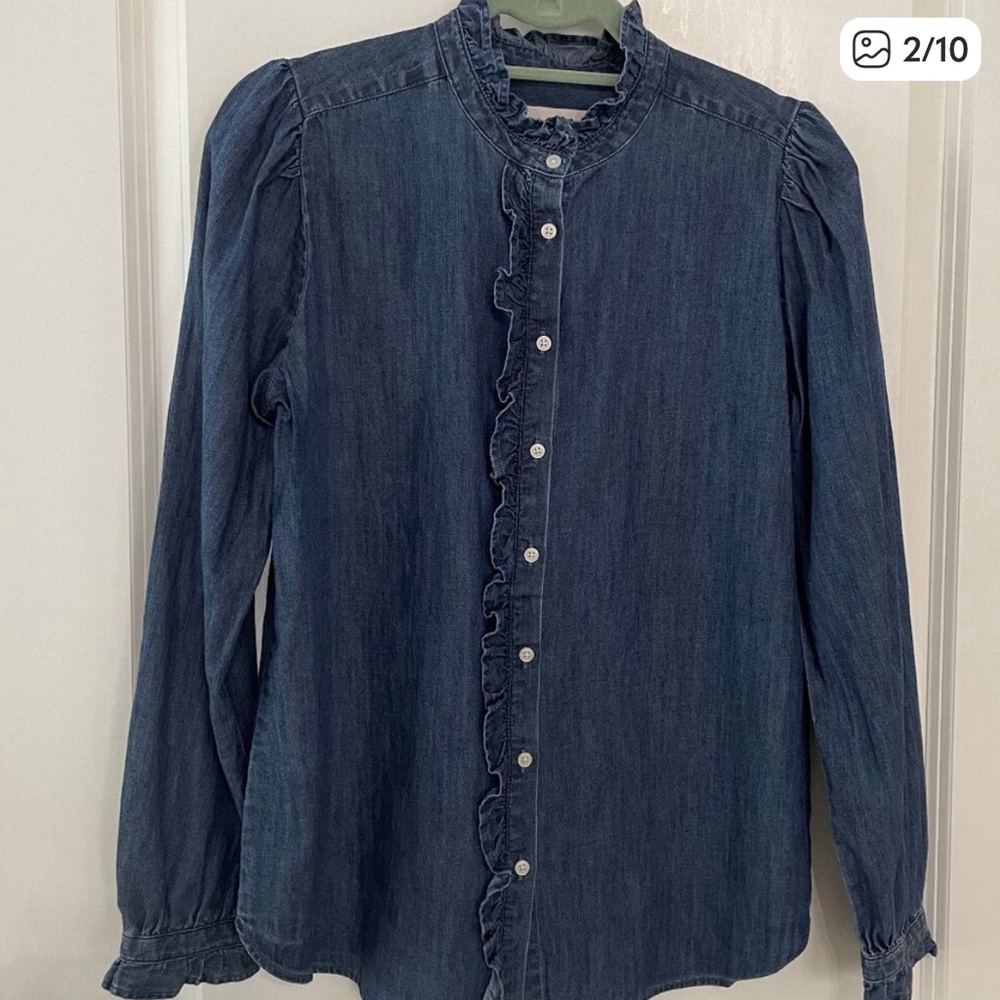 LOFT Ruffled Denim Button-Up Blouse - Blue - Picture 4 of 7